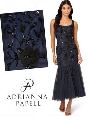 ✨️ Elegant Navy Godet Evening Dress With Black Bead & Applique Details